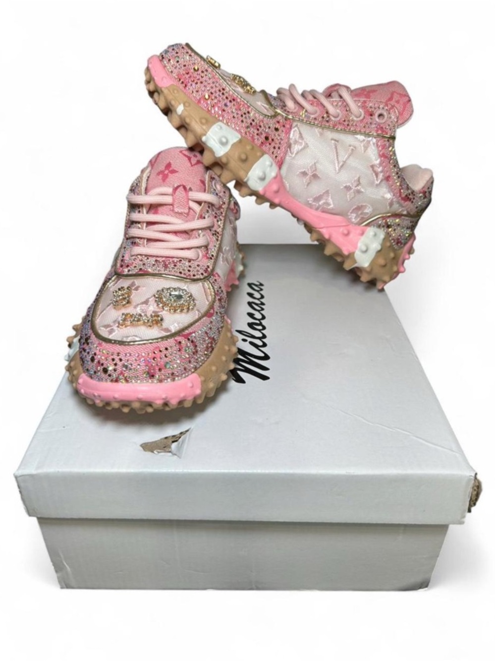 Elegant Rhinestone Pink Embellished Designer-Style Sparkle Sneakers - Brand New